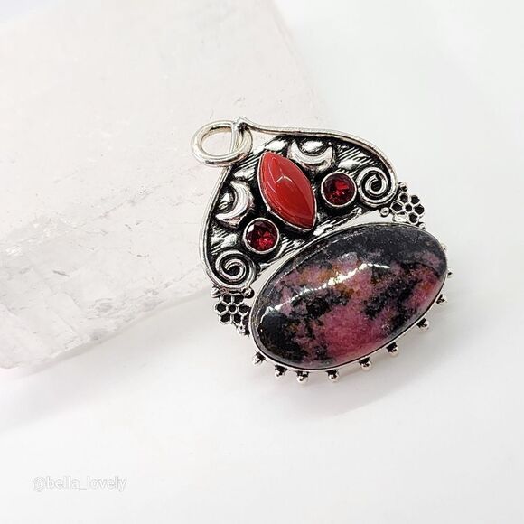 Crescent Moon Rhodonite Coral Handmade Pendant Jewelry Woman Gift 2" - Picture 3 of 4
